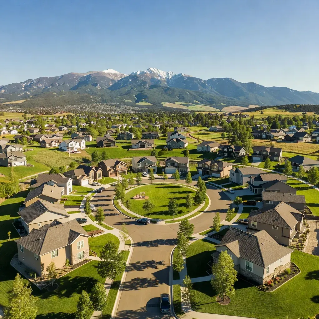 Aerial view of sunny Colorado neighborhood — Forward and Reverse Mortgage NMLS #2449910